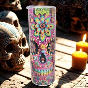Colorful Sugar Skull & Floral Tumblers – Day of the Dead Vibes!